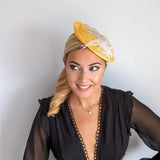 Yellow crystal feather disc saucer fascinator hat - House of Hats