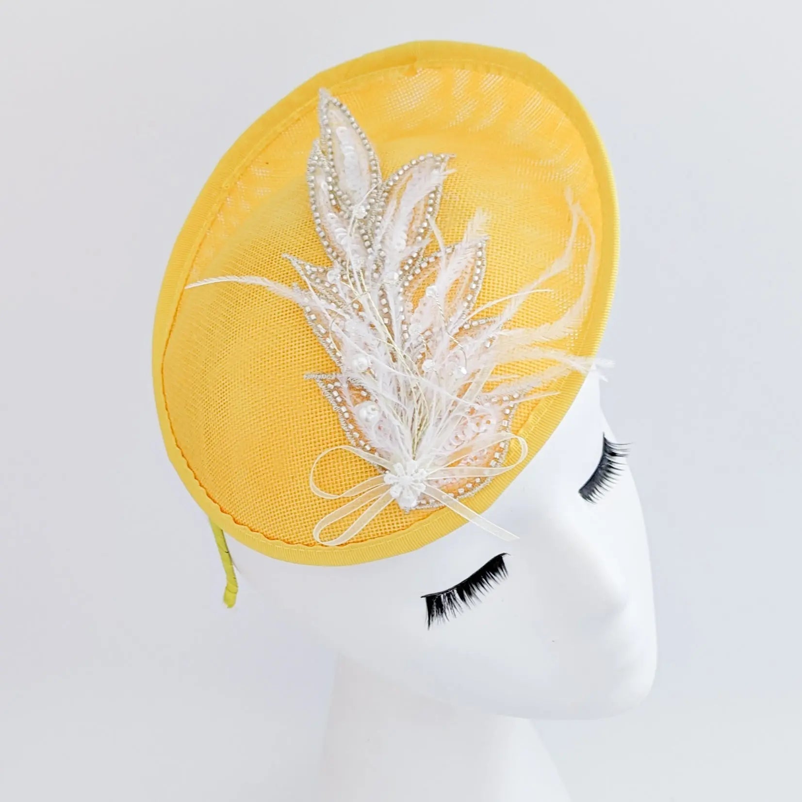 Yellow crystal feather disc saucer fascinator hat - House of Hats