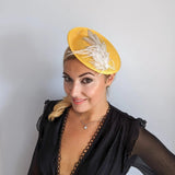 Yellow crystal feather disc saucer fascinator hat - House of Hats
