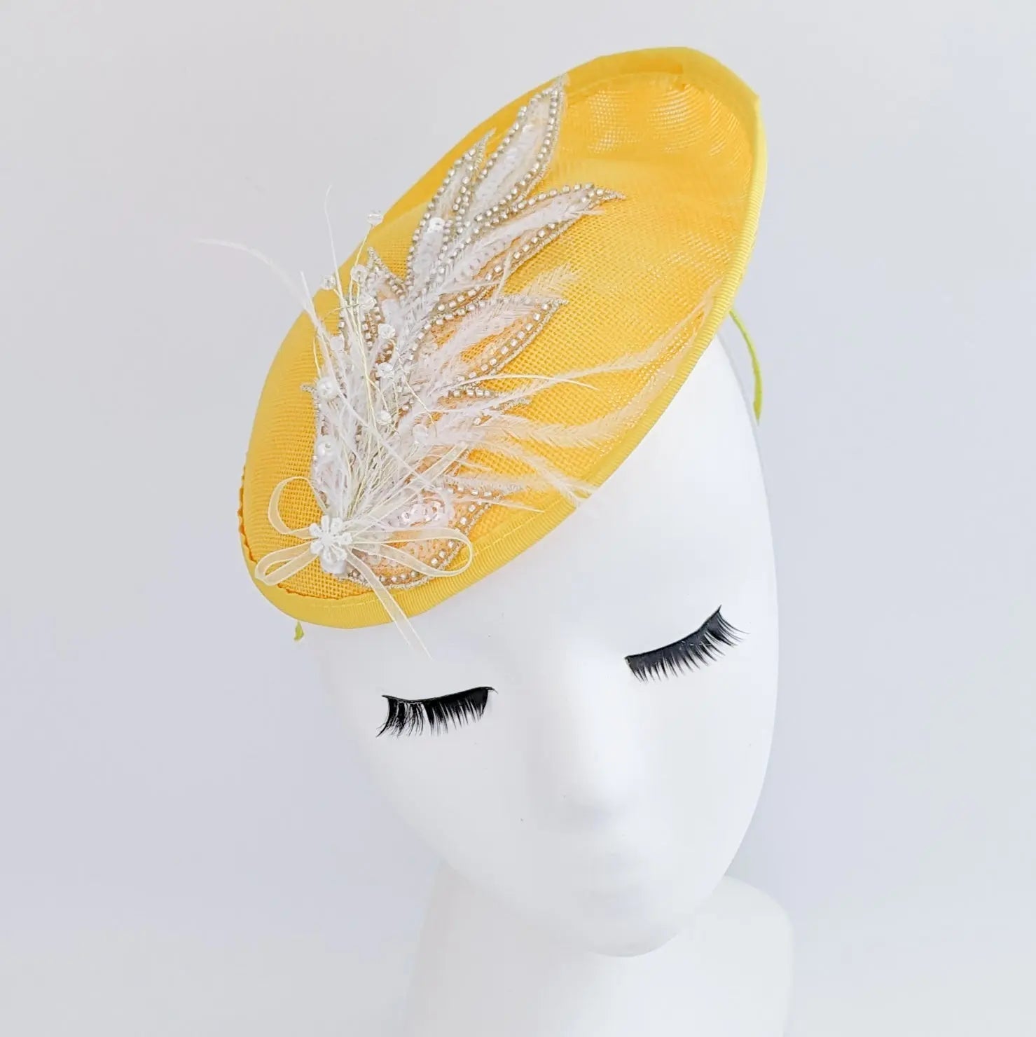 Yellow crystal feather disc saucer fascinator hat - House of Hats