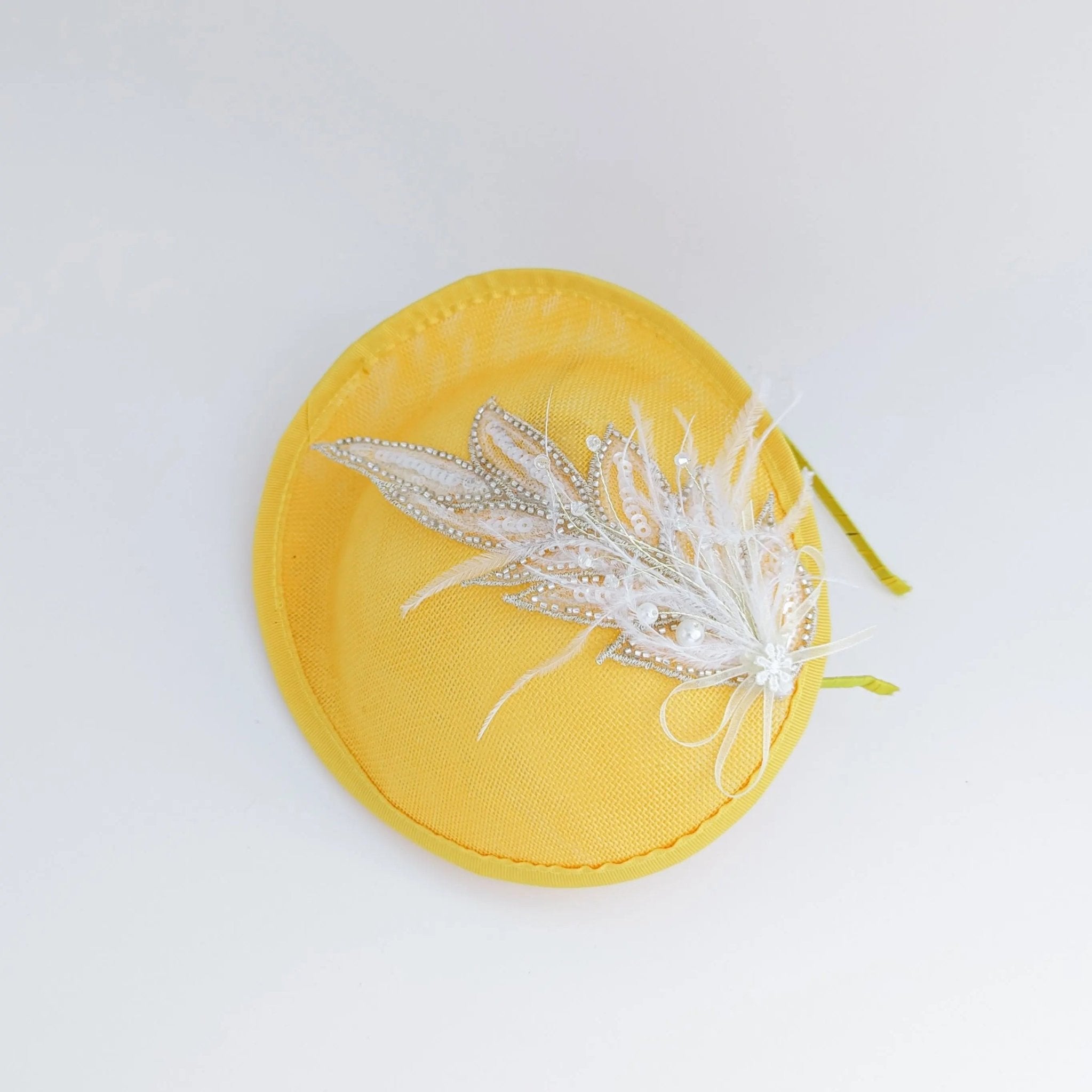 Yellow crystal feather disc saucer fascinator hat - House of Hats