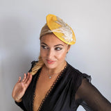 Yellow crystal feather disc saucer fascinator hat - House of Hats