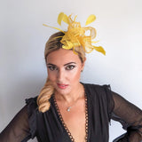 Yellow feather fascinator hat - House of Hats