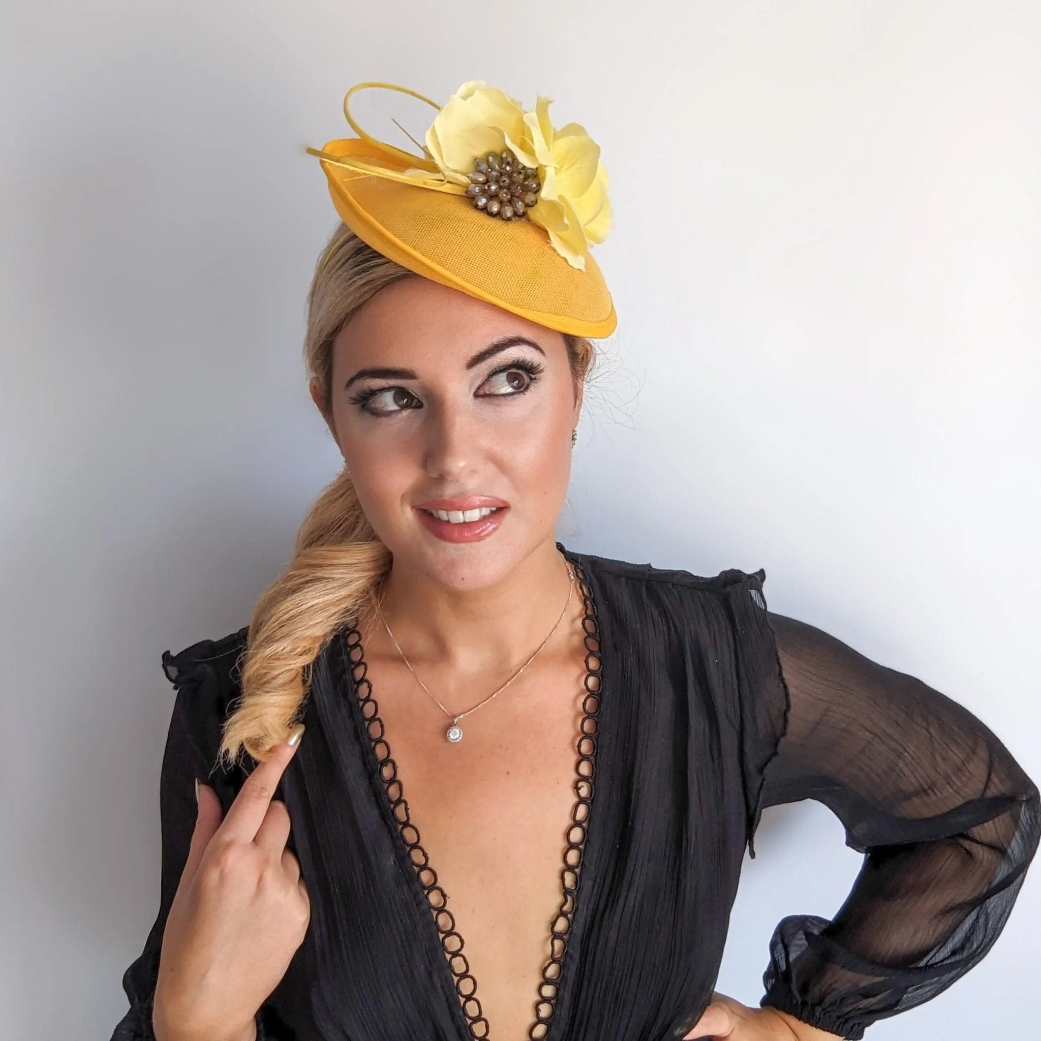 Yellow flower disc saucer fascinator hat - House of Hats