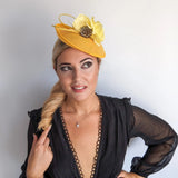 Yellow flower disc saucer fascinator hat - House of Hats