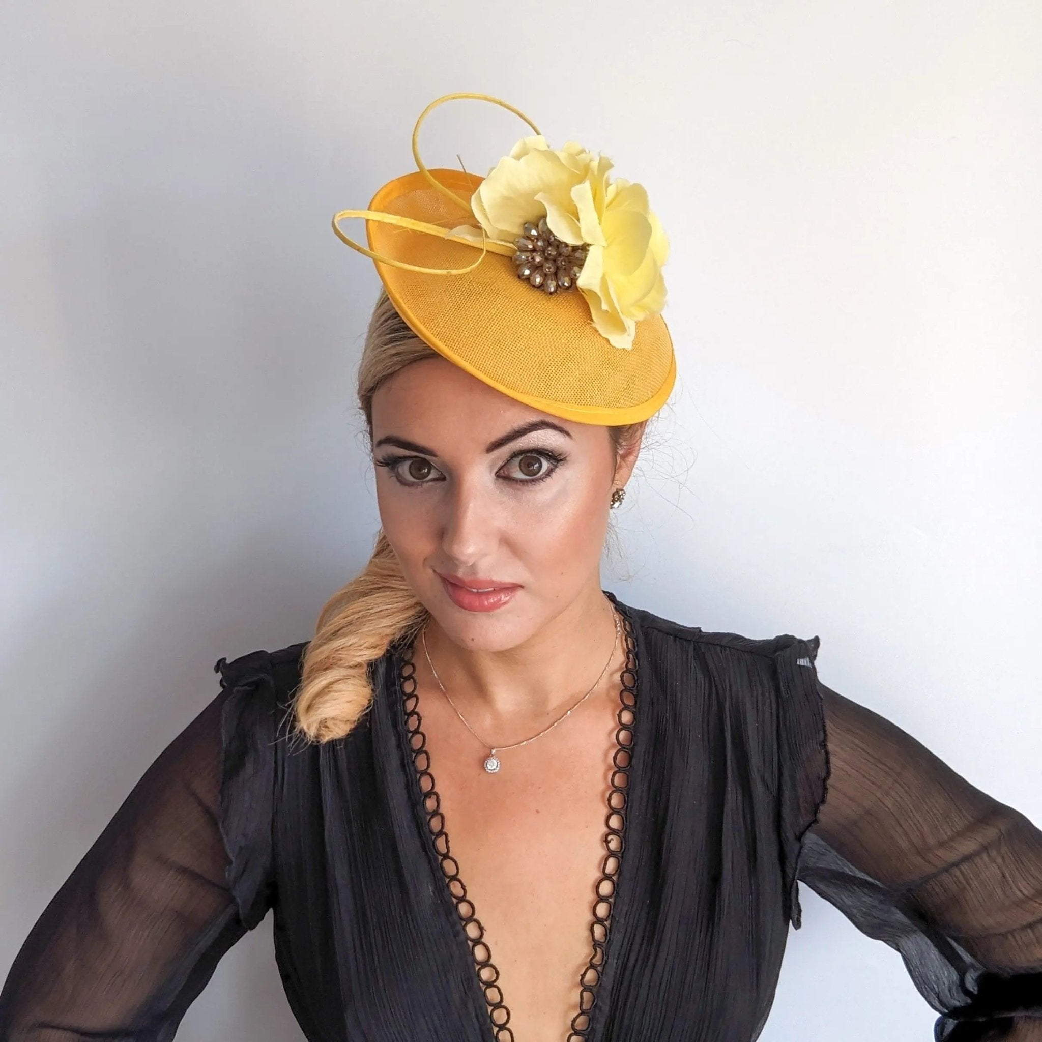 Yellow flower disc saucer fascinator hat - House of Hats