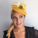 Yellow flower disc saucer fascinator hat - House of Hats