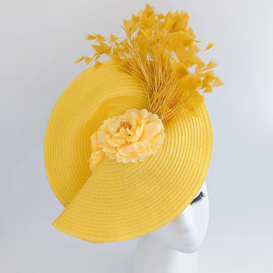 Yellow large woven straw flower feather fascinator hat - House of Hats