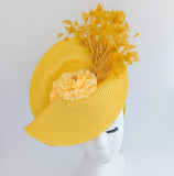 Yellow large woven straw flower feather fascinator hat - House of Hats
