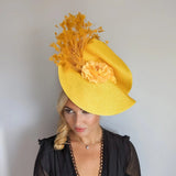 Yellow large woven straw flower feather fascinator hat - House of Hats