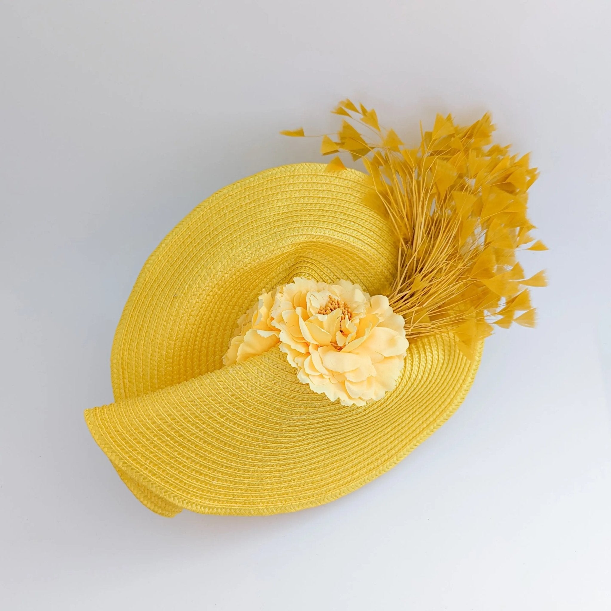 Yellow large woven straw flower feather fascinator hat - House of Hats