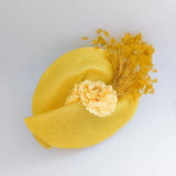 Yellow large woven straw flower feather fascinator hat - House of Hats