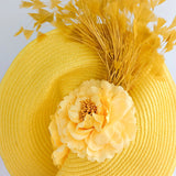 Yellow large woven straw flower feather fascinator hat - House of Hats