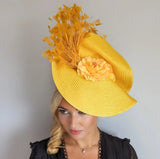 Yellow large woven straw flower feather fascinator hat - House of Hats