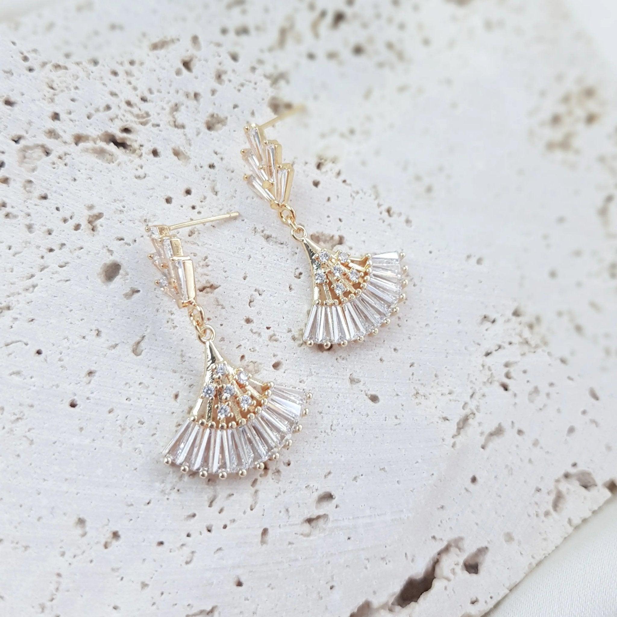 Art Deco Earrings, Bridal Earrings, Crystal Earrings, Gold Fan Earrings, Wedding Earrings, Bridesmaid Gift, Crystal Earrings, Bridal Jewelry - House of Hats
