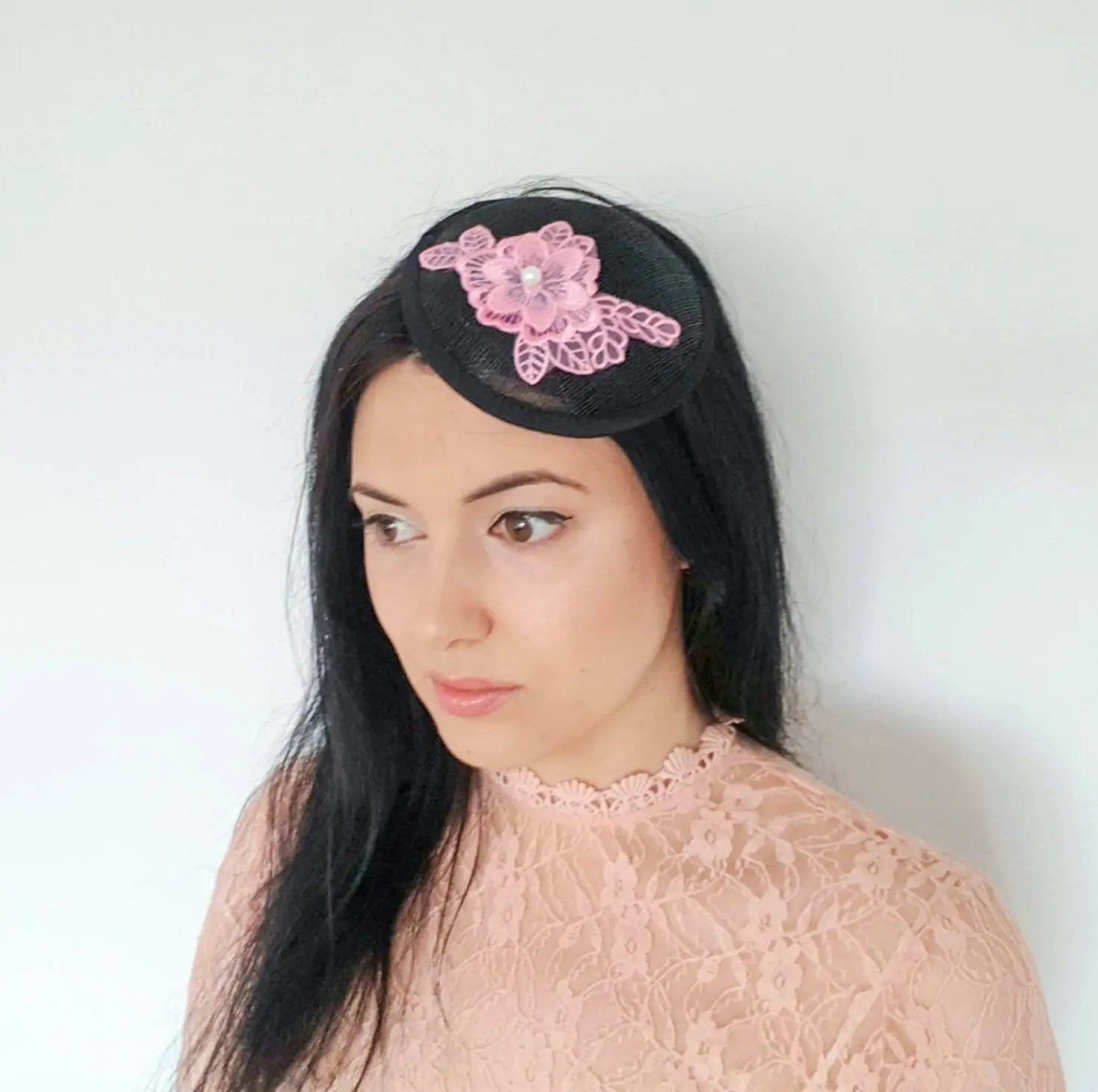 Black pink lace small fascinator hat - House of Hats