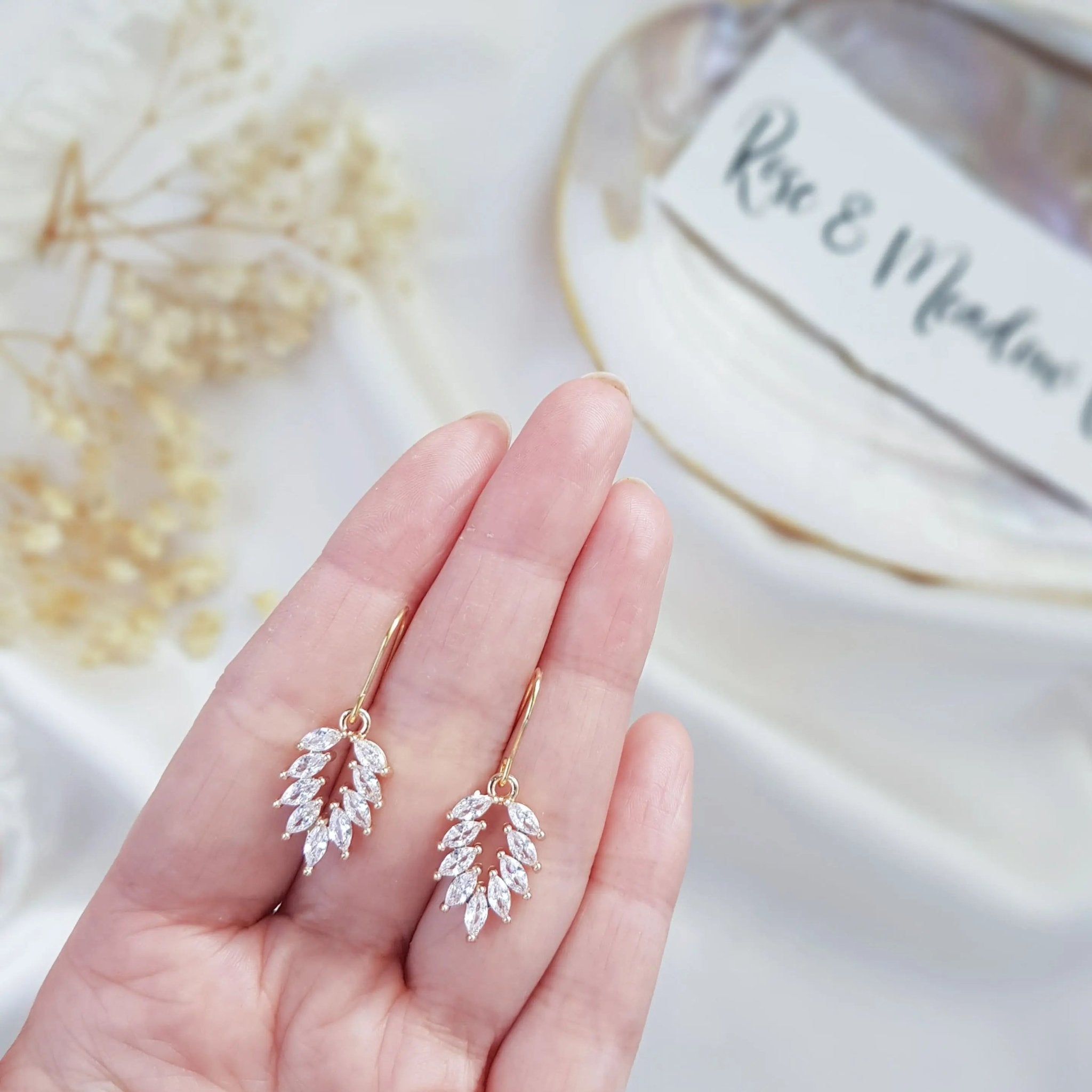 Boho Gold crystal bridal earrings, Wedding earrings for brides, Dainty gold earrings, Zirconia crystal wedding jewellery, Drop earrings - House of Hats