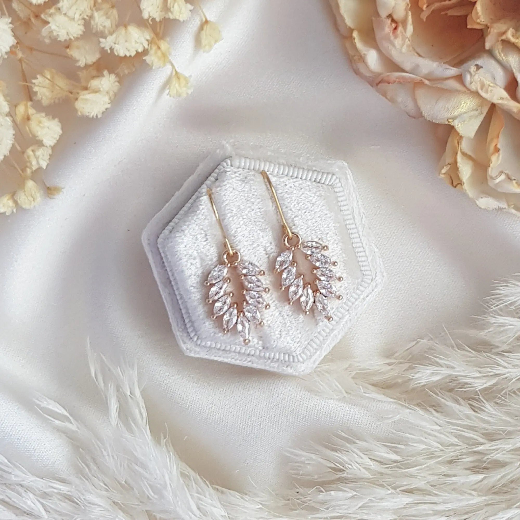 Boho Gold crystal bridal earrings, Wedding earrings for brides, Dainty gold earrings, Zirconia crystal wedding jewellery, Drop earrings - House of Hats