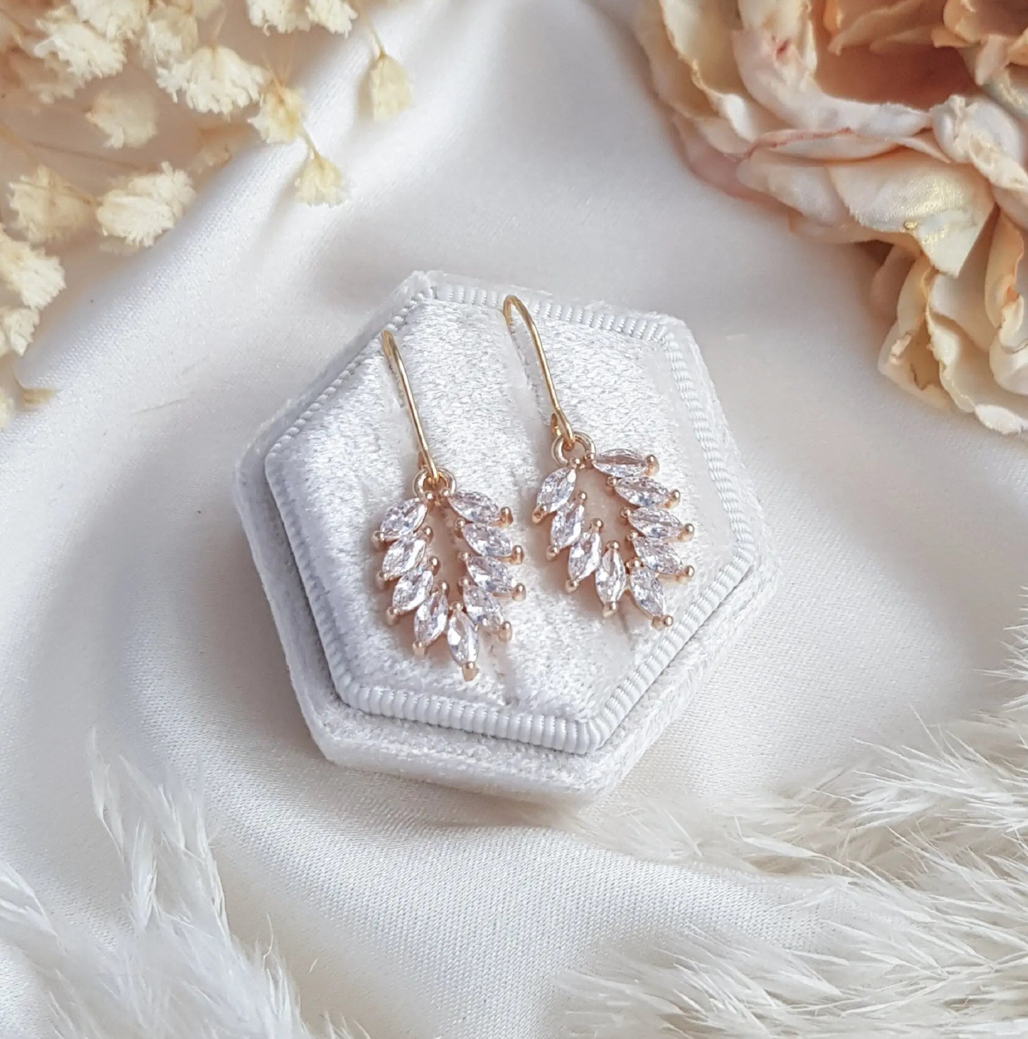 Boho Gold crystal bridal earrings, Wedding earrings for brides, Dainty gold earrings, Zirconia crystal wedding jewellery, Drop earrings - House of Hats