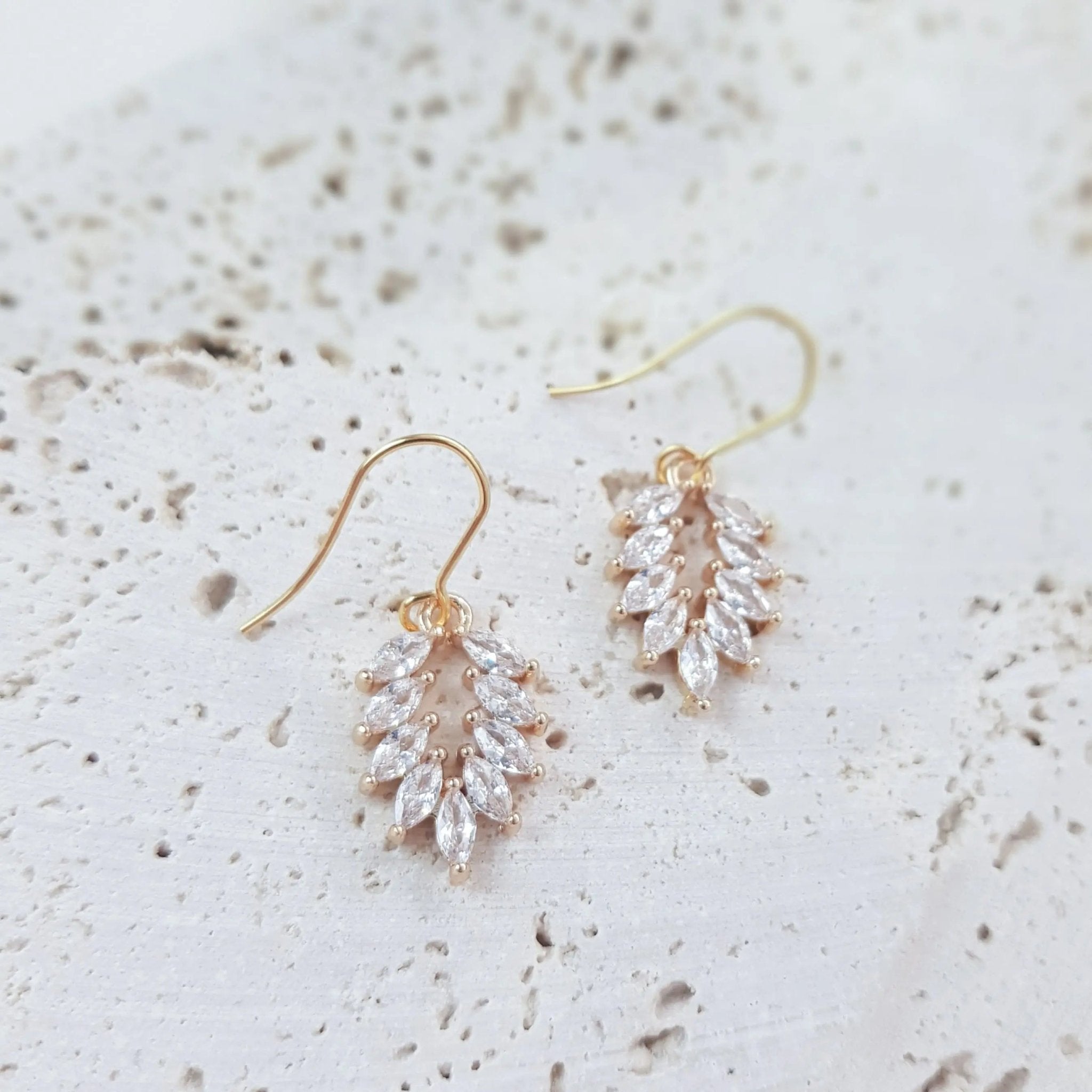 Boho Gold crystal bridal earrings, Wedding earrings for brides, Dainty gold earrings, Zirconia crystal wedding jewellery, Drop earrings - House of Hats