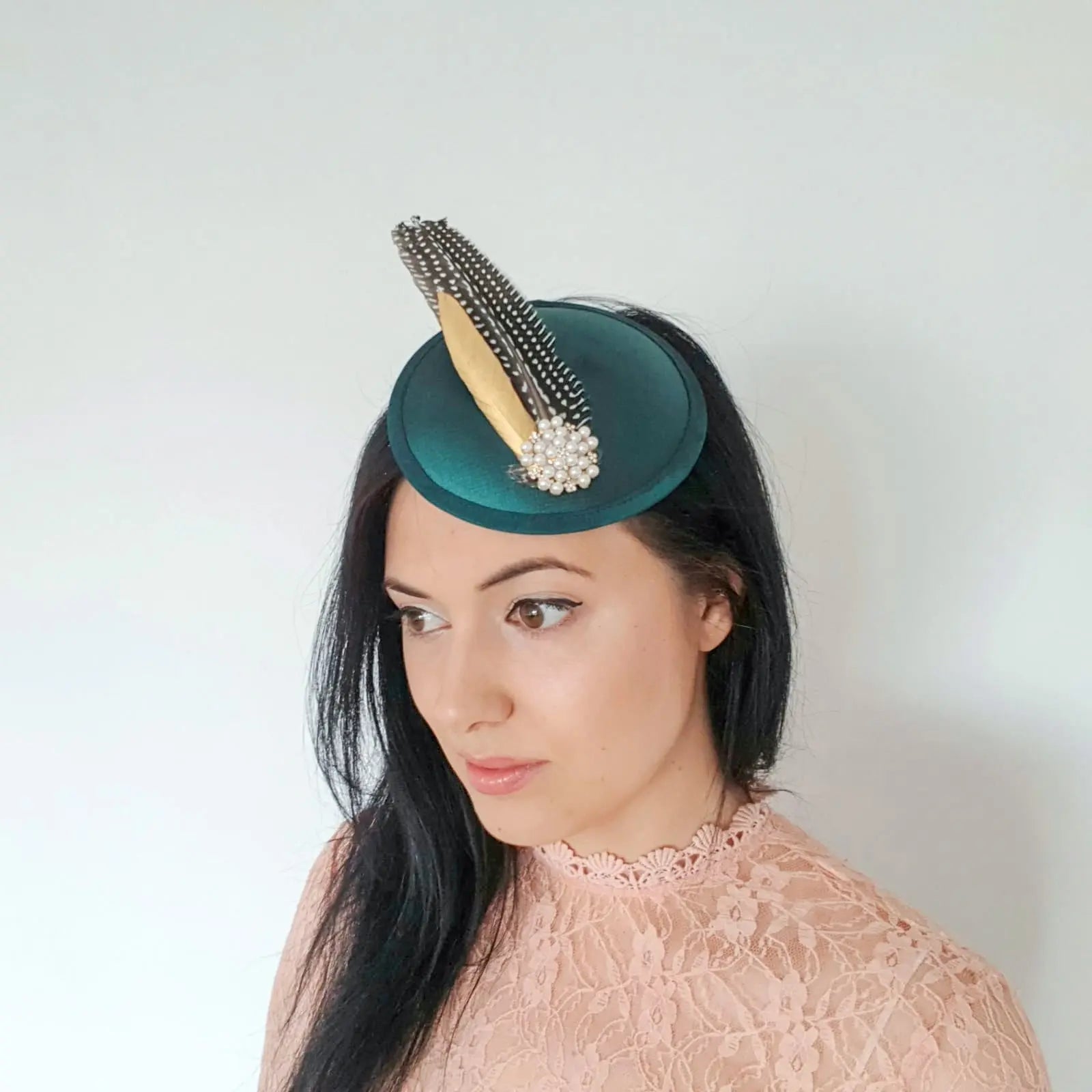 Bottle green pheasant feather small satin fascinator wedding hats uk - House of Hats