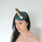 Bottle green pheasant feather small satin fascinator wedding hats uk - House of Hats