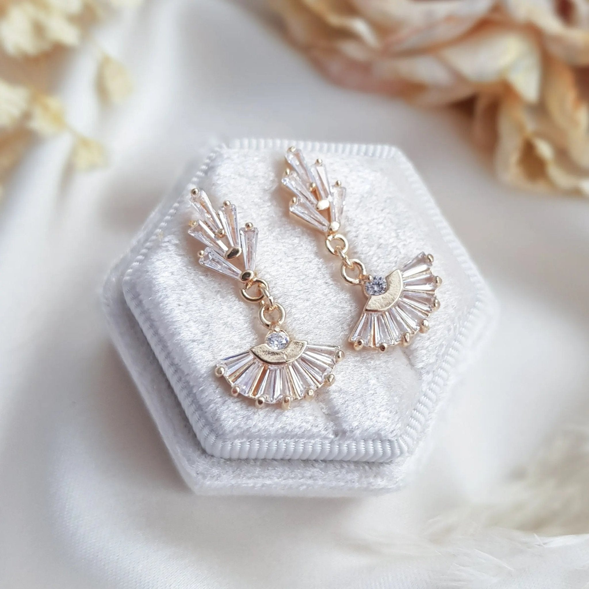Bridal Earrings, Art Deco Earrings, Crystal Earrings, Gold Fan Earrings, Wedding Earrings, Bridesmaid Gift, Crystal Earrings, Bridal Jewelry - House of Hats