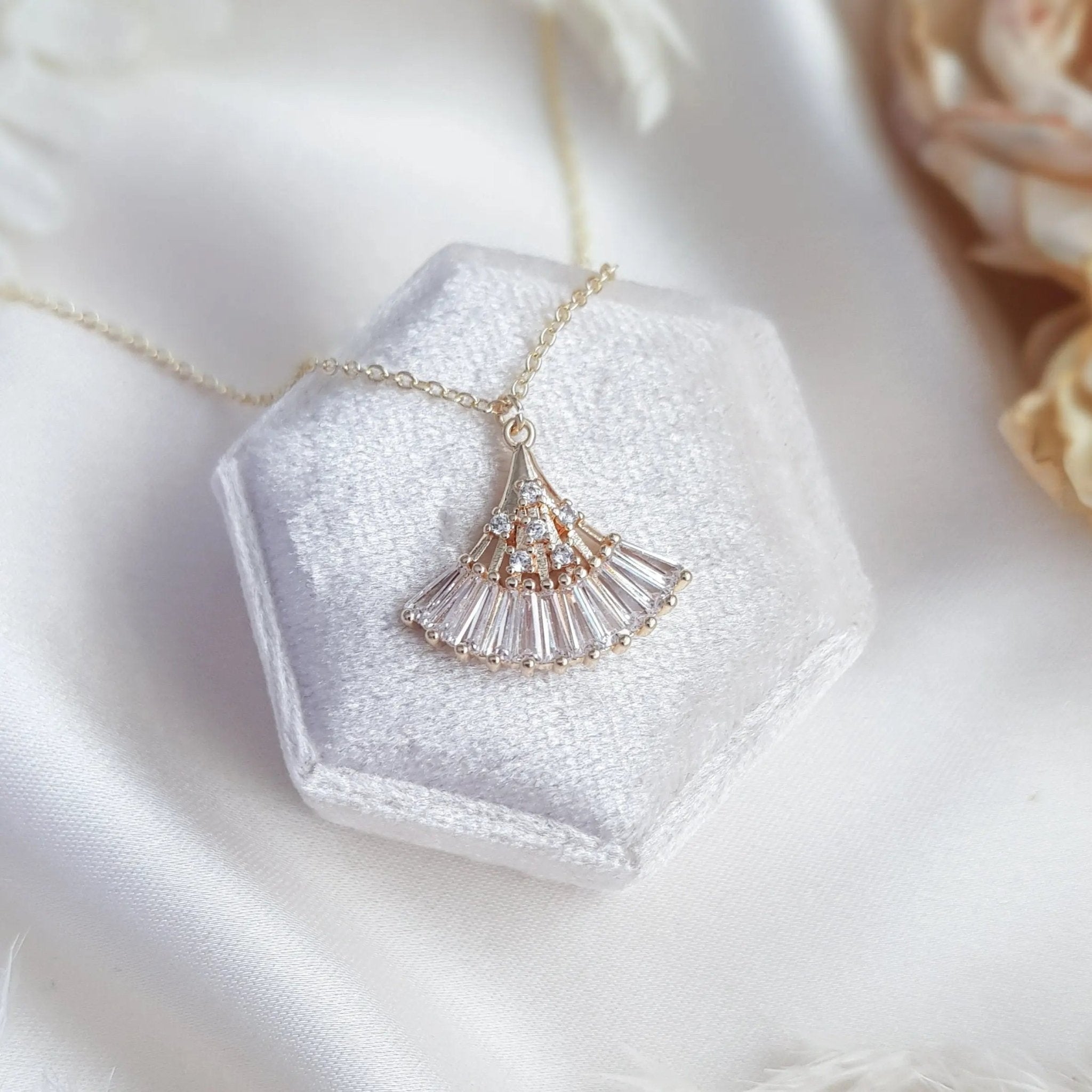 Bridal Necklace, Art Deco Necklace, Crystal Necklace, Gold Fan Necklace, Wedding Necklace, Bridesmaid Gift, Bridal Jewelry - House of Hats