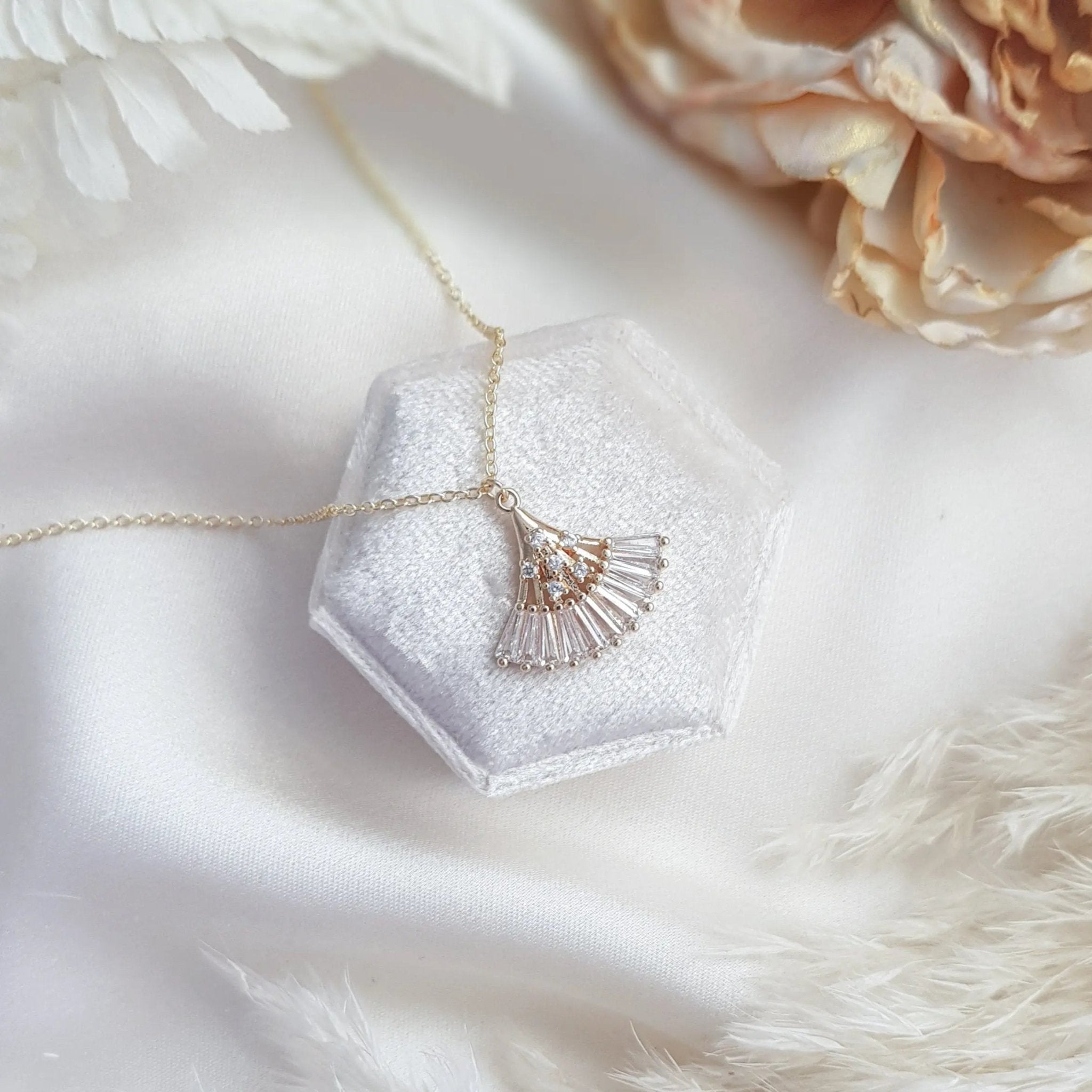 Bridal Necklace, Art Deco Necklace, Crystal Necklace, Gold Fan Necklace, Wedding Necklace, Bridesmaid Gift, Bridal Jewelry - House of Hats