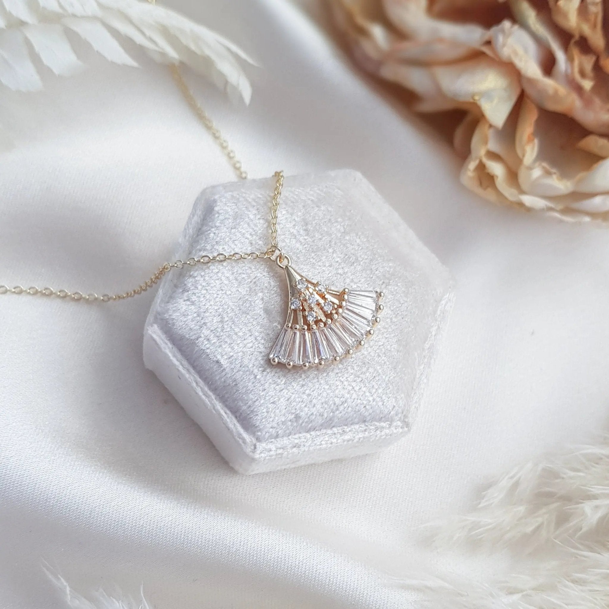 Bridal Necklace, Art Deco Necklace, Crystal Necklace, Gold Fan Necklace, Wedding Necklace, Bridesmaid Gift, Bridal Jewelry - House of Hats