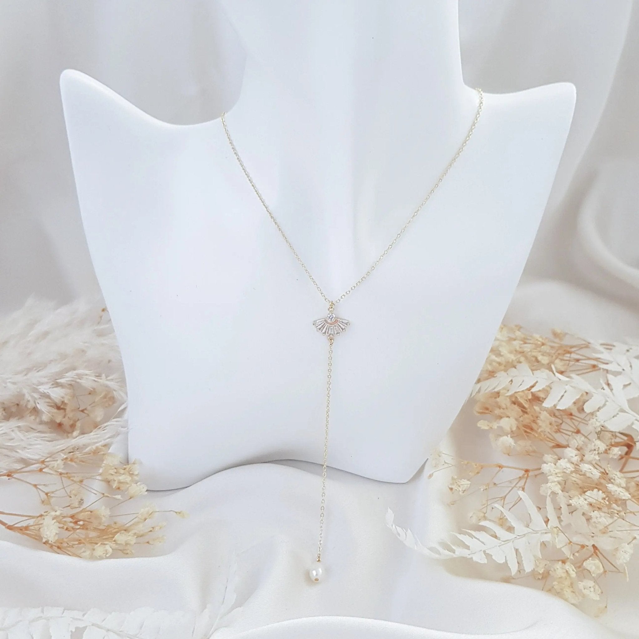 Bridal Necklace, Lariat Necklace, Art Deco Necklace, Crystal Pearl Necklace, Gold Wedding Necklace, Bridesmaid Gift, Bridal Jewelry - House of Hats
