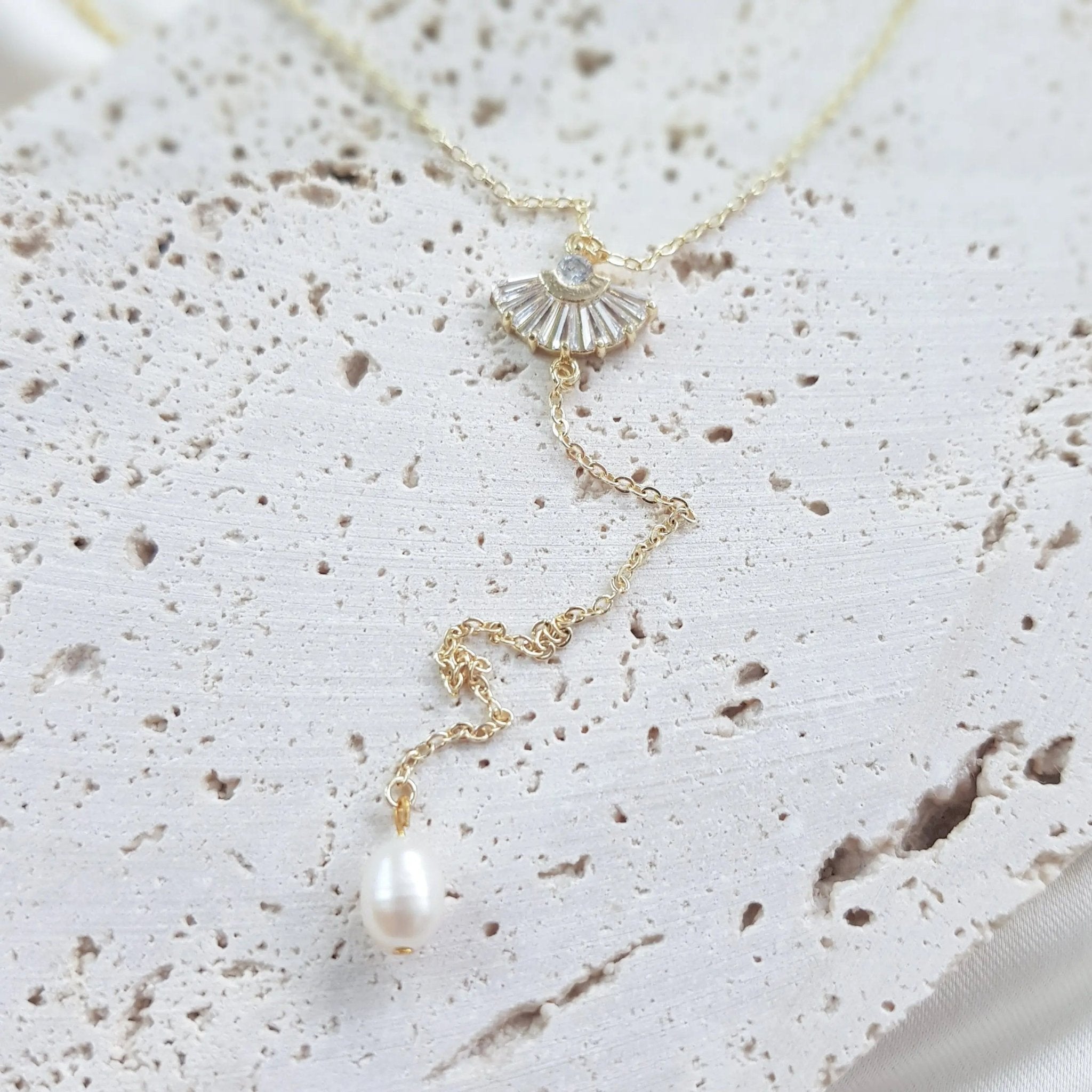 Bridal Necklace, Lariat Necklace, Art Deco Necklace, Crystal Pearl Necklace, Gold Wedding Necklace, Bridesmaid Gift, Bridal Jewelry - House of Hats