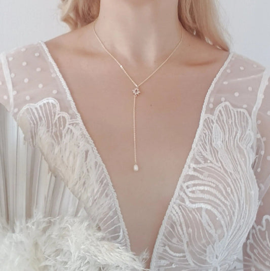 Bridal Necklace, Lariat Necklace, Vintage Style Necklace, Crystal Pearl Necklace, Gold Wedding Necklace, Bridesmaid Gift, Bridal Jewelry - House of Hats
