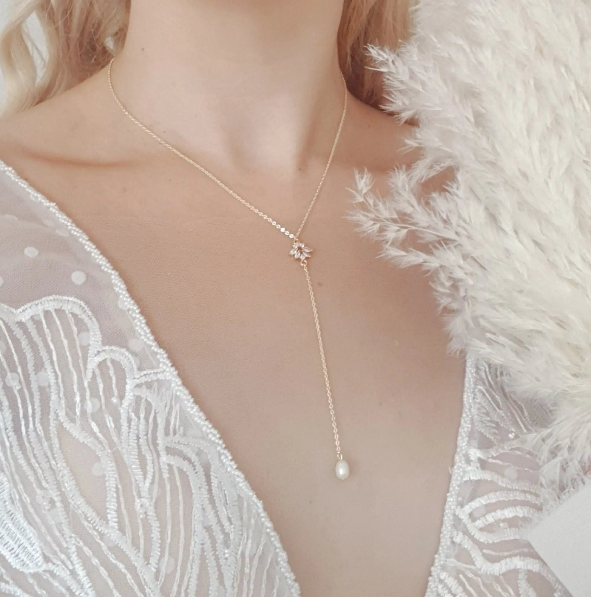 Bridal Necklace, Lariat Necklace, Vintage Style Necklace, Crystal Pearl Necklace, Gold Wedding Necklace, Bridesmaid Gift, Bridal Jewelry - House of Hats