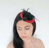 Burgundy red black crystal feather small satin fascinator hat - House of Hats