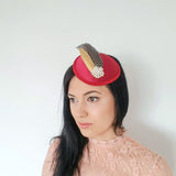 Burgundy red pheasant feather small satin fascinator wedding hats uk - House of Hats