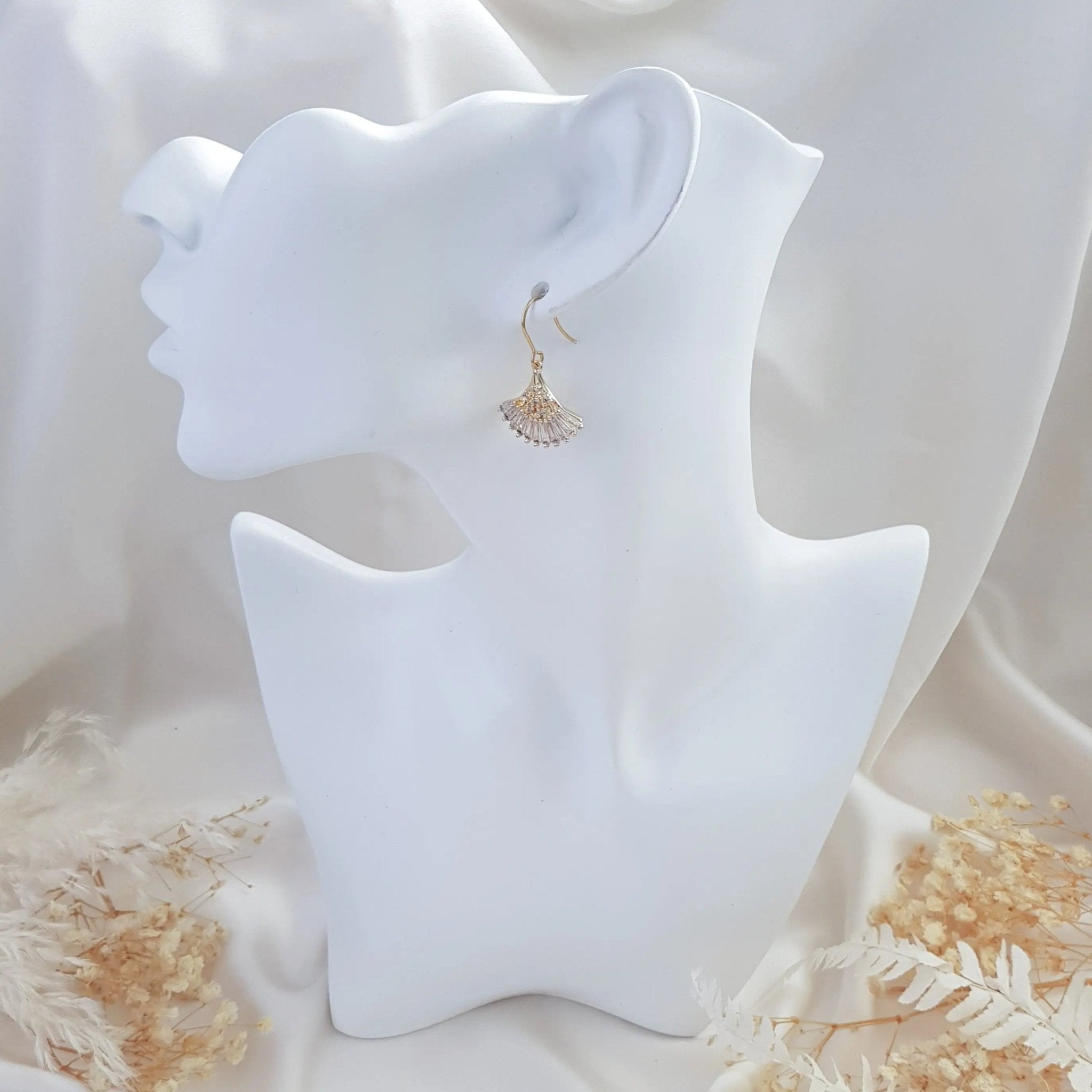 Crystal fan bridal earrings, Gold zirconia wedding earrings, Statement bridal earrings, Art deco wedding jewellery, Drop earrings - House of Hats