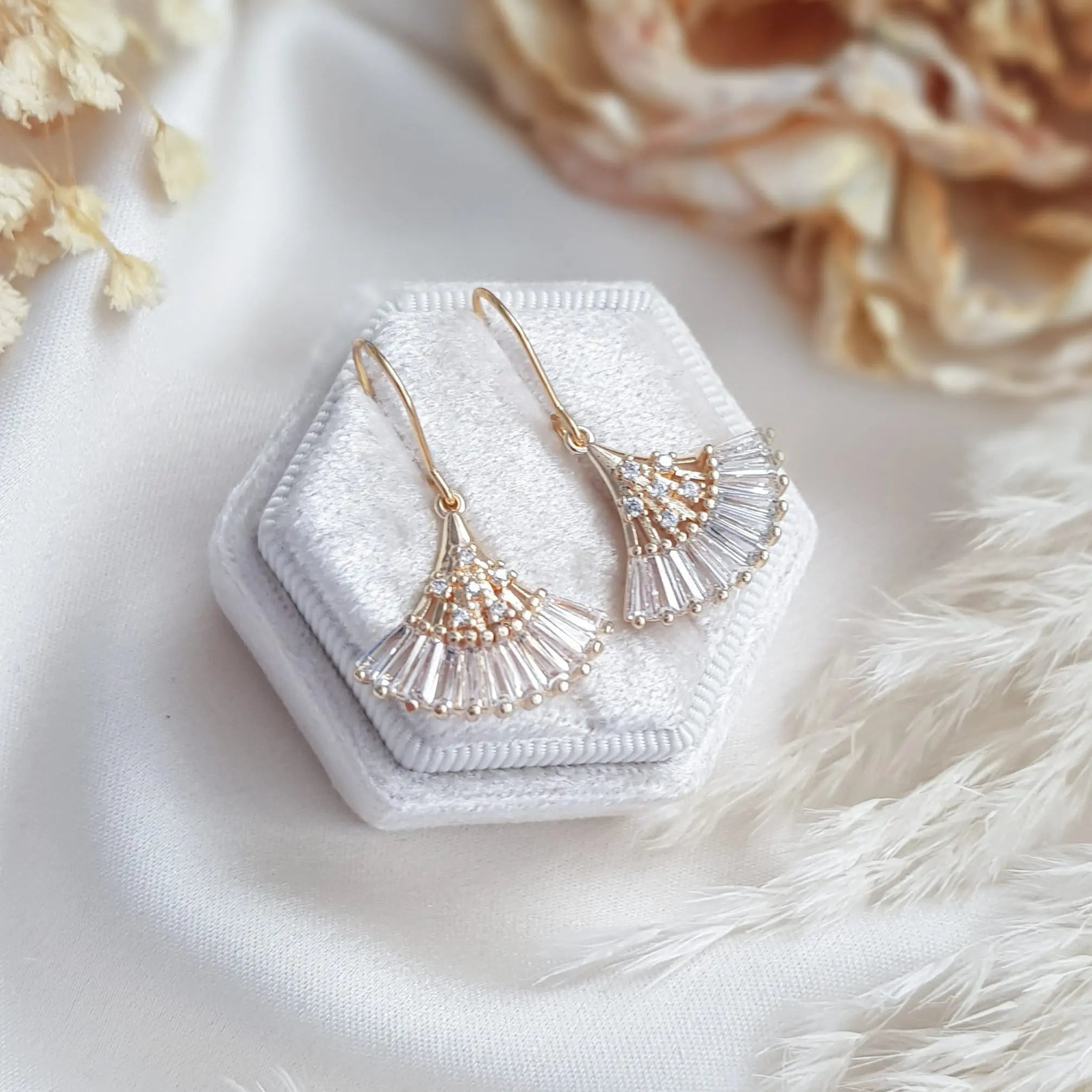 Crystal fan bridal earrings, Gold zirconia wedding earrings, Statement bridal earrings, Art deco wedding jewellery, Drop earrings - House of Hats