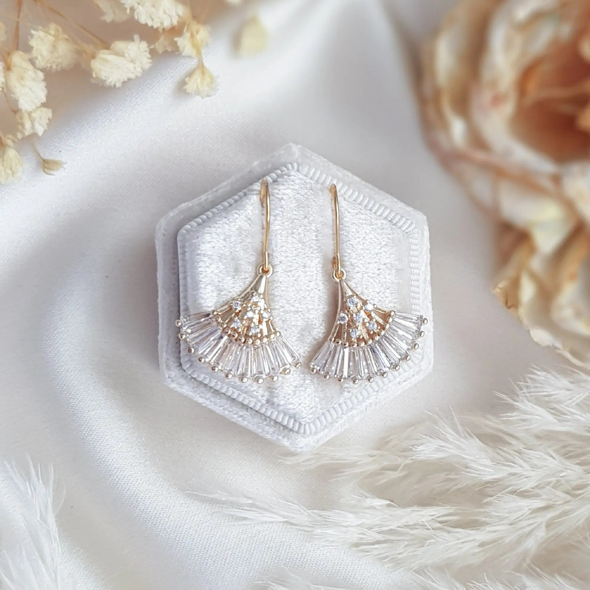 Crystal fan bridal earrings, Gold zirconia wedding earrings, Statement bridal earrings, Art deco wedding jewellery, Drop earrings - House of Hats