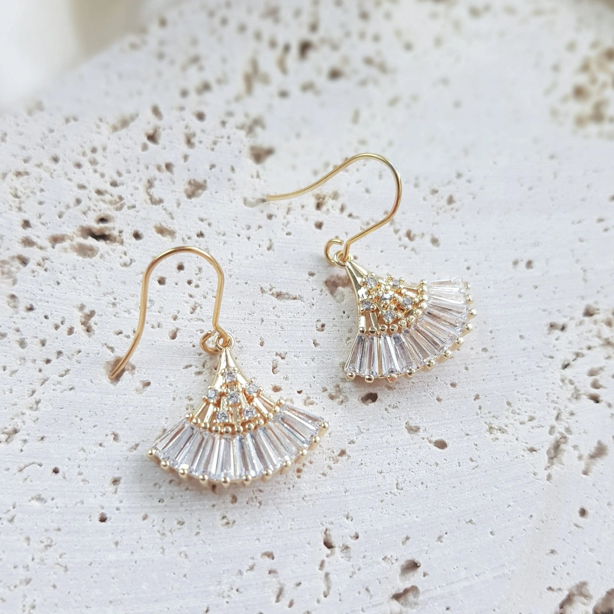 Crystal fan bridal earrings, Gold zirconia wedding earrings, Statement bridal earrings, Art deco wedding jewellery, Drop earrings - House of Hats