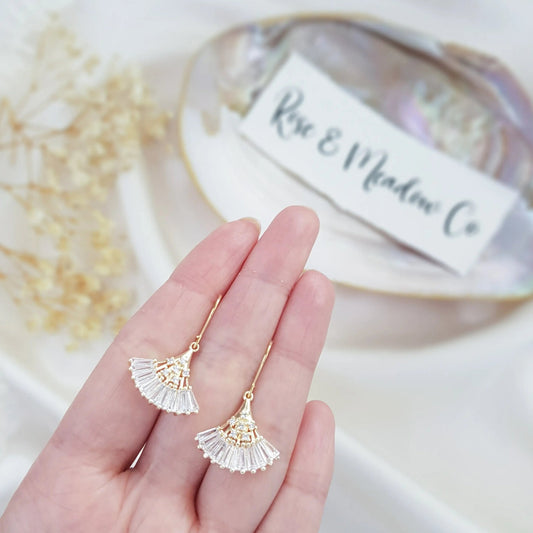 Crystal fan bridal earrings, Gold zirconia wedding earrings, Statement bridal earrings, Art deco wedding jewellery, Drop earrings - House of Hats