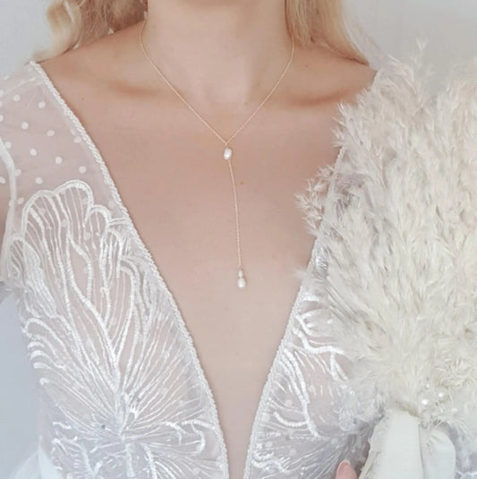Freshwater pearl bridal lariat necklace, Gold pearl drop wedding necklace, Dainty elegant necklace, Y necklace, Jewellery for brides - House of Hats