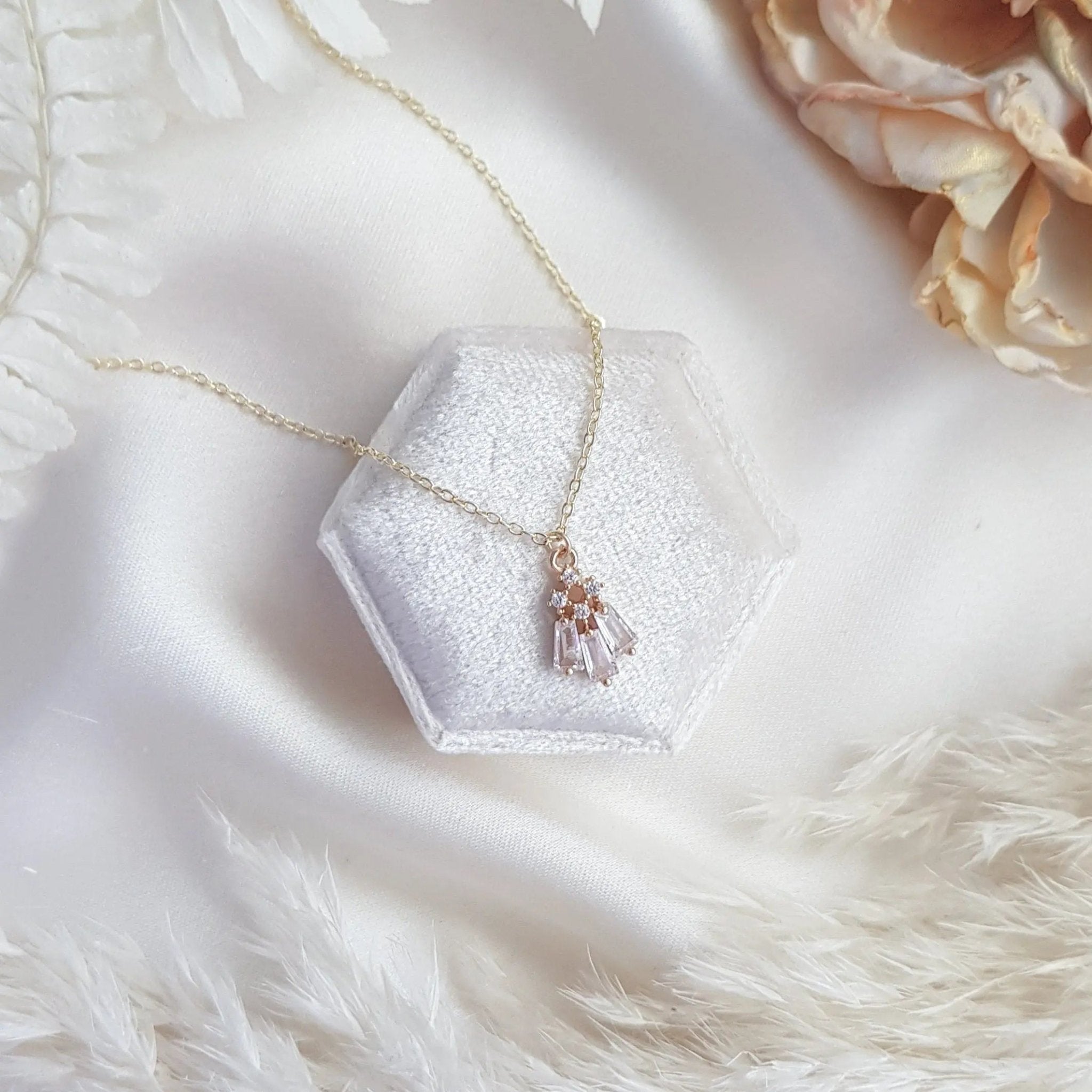 Gold crystal bridal necklace, Zirconia crystal wedding necklace, Dainty necklace, Crystal art deco wedding jewellery, Jewellery for brides - House of Hats