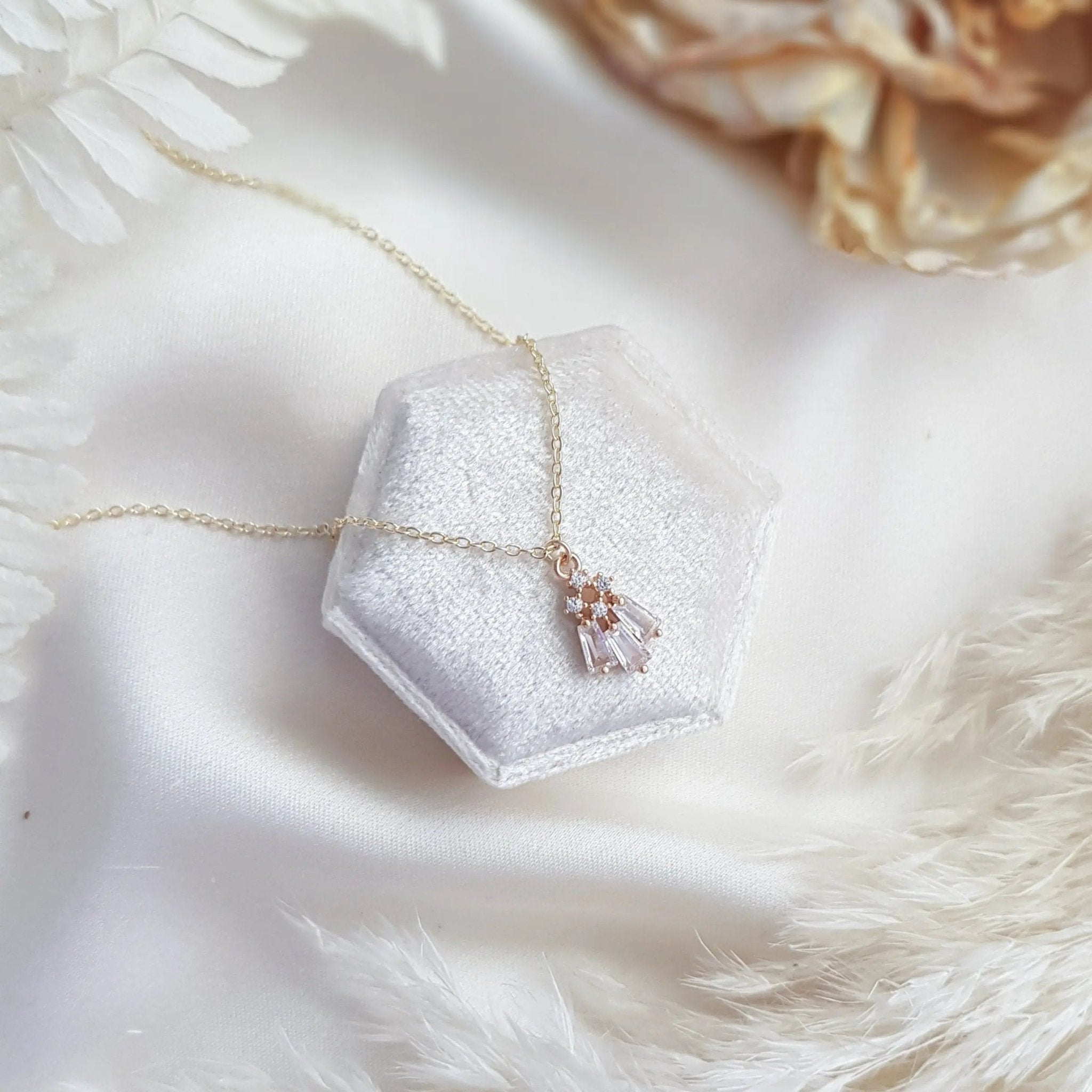 Gold crystal bridal necklace, Zirconia crystal wedding necklace, Dainty necklace, Crystal art deco wedding jewellery, Jewellery for brides - House of Hats