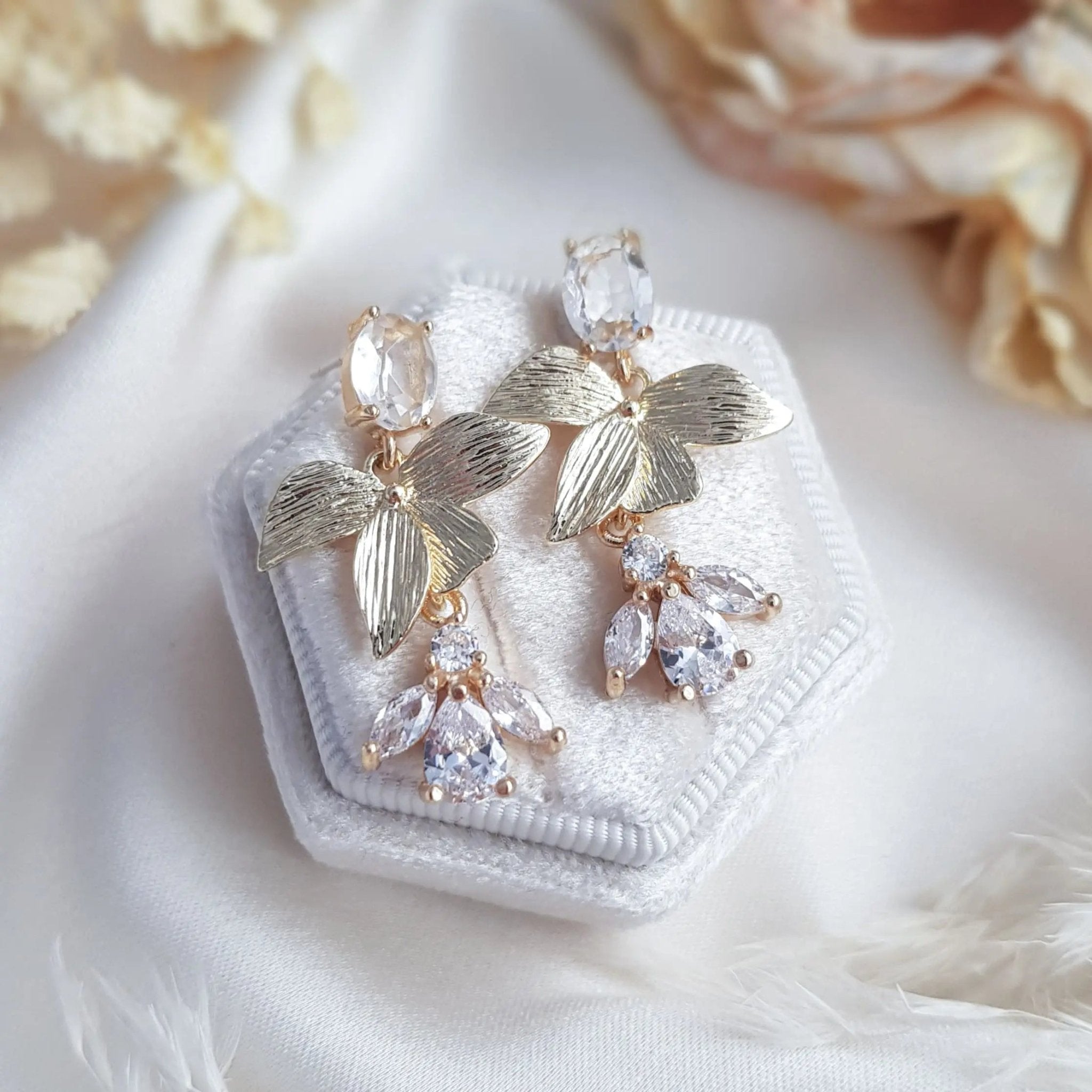 Gold zirconia crystal bridal earrings, Wedding earrings for brides, Statement wedding earrings, Crystal wedding jewellery, Drop earrings - House of Hats