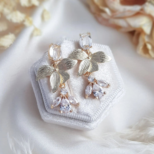 Gold zirconia crystal bridal earrings, Wedding earrings for brides, Statement wedding earrings, Crystal wedding jewellery, Drop earrings - House of Hats