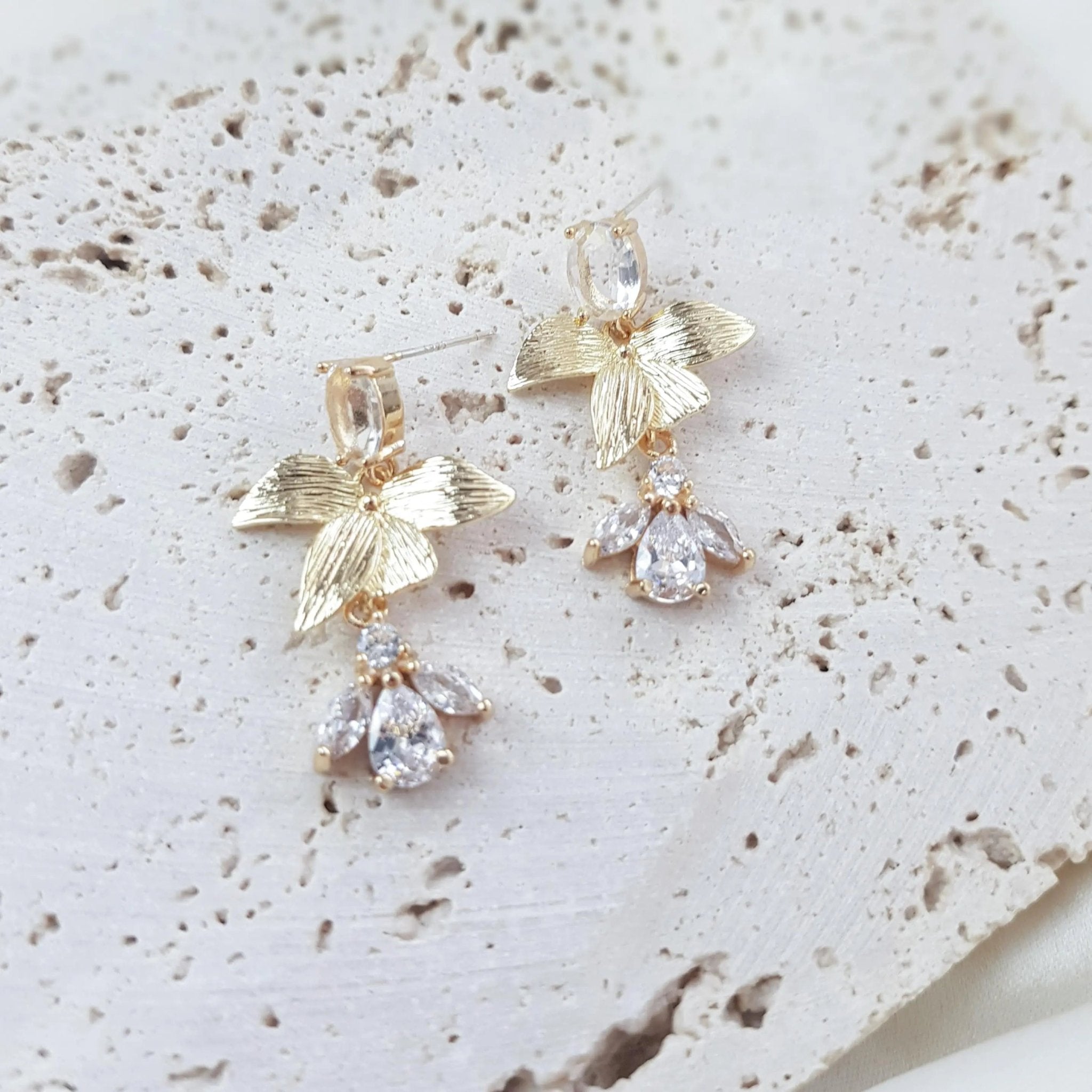 Gold zirconia crystal bridal earrings, Wedding earrings for brides, Statement wedding earrings, Crystal wedding jewellery, Drop earrings - House of Hats