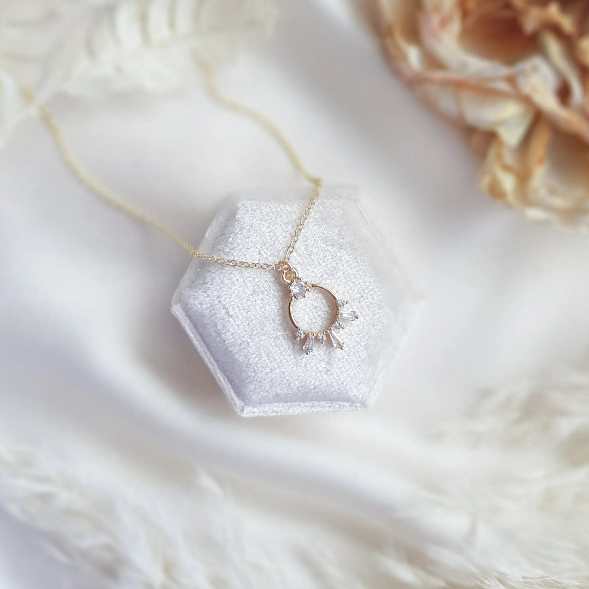 Gold zirconia crystal bridal necklace, Boho wedding necklace, Dainty minimalist necklace, Crystal wedding jewellery, Jewellery for brides - House of Hats