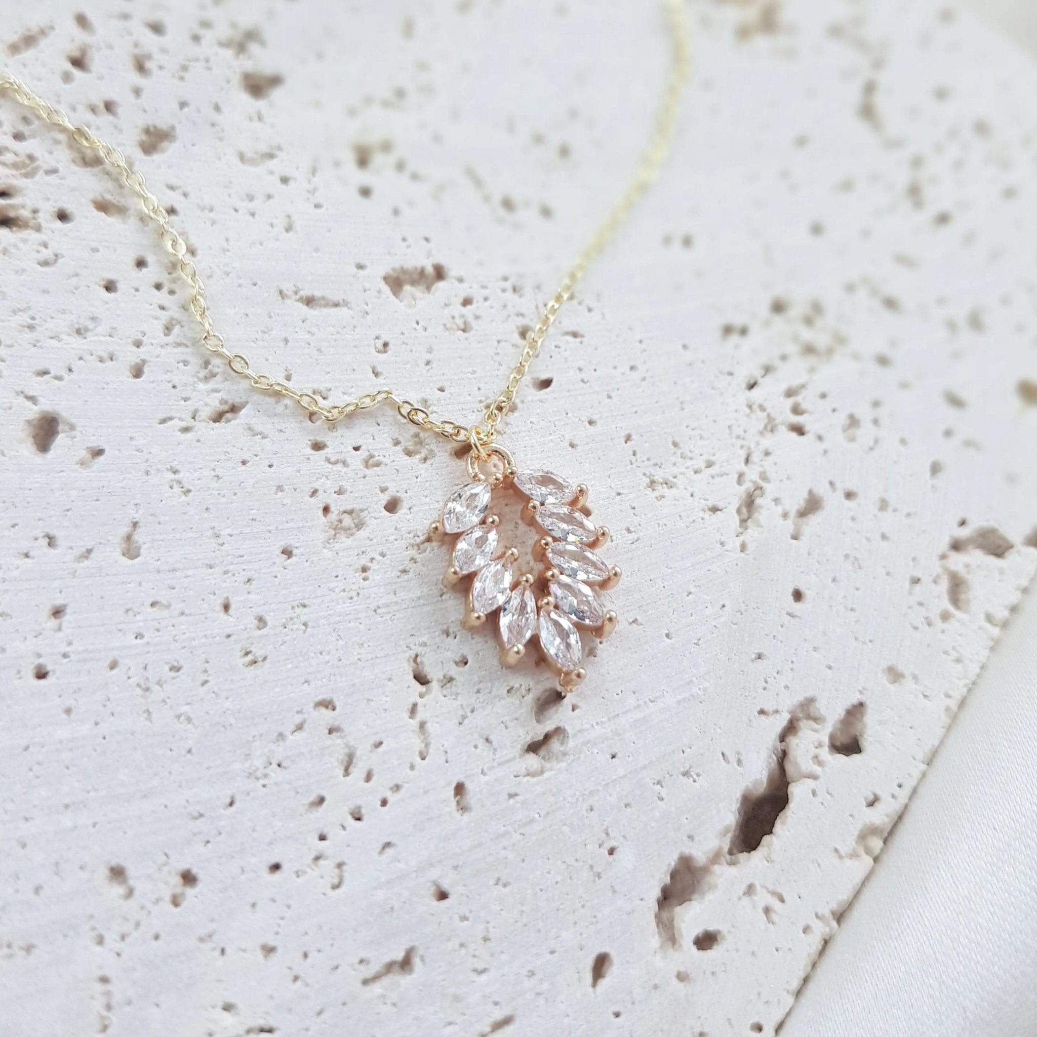 Gold zirconia crystal bridal necklace, Boho wedding necklace, Dainty minimalist necklace, Crystal wedding jewellery, Jewellery for brides - House of Hats