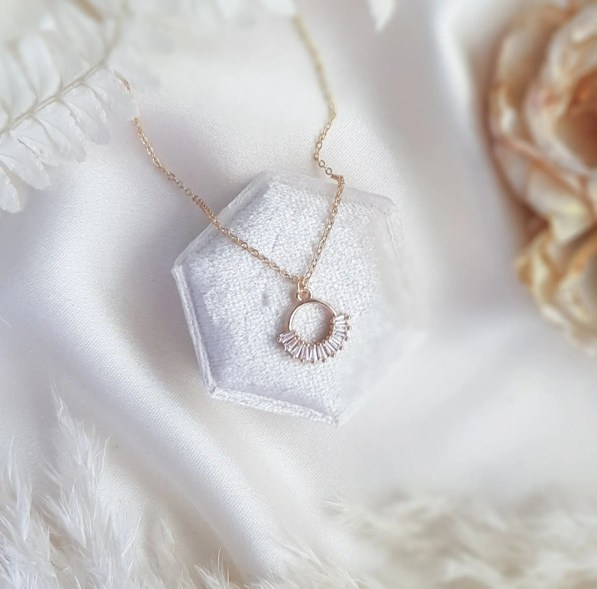 Gold zirconia crystal bridal necklace, Boho wedding necklace, Dainty minimalist necklace, Crystal wedding jewellery, Jewellery for brides - House of Hats